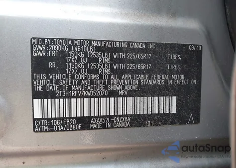 2019 Toyota Rav4 Le z USA, uszkodzony, nr VIN 2T3H1RFV7KW052070